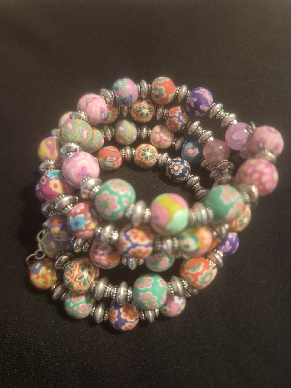 Colorful Floral Bead Wrap Bracelet - Pink, Green & Purple